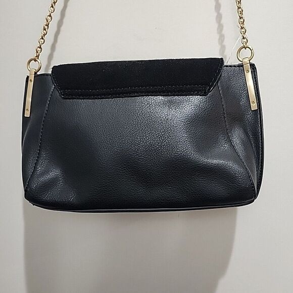 Sole Society Black Crossbody Bag Faux Leather Suede Flap Gold Chain - Picture 5 of 9